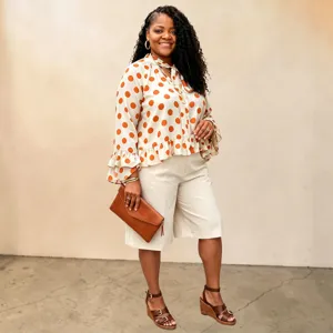 Detailed view of plus size women autumn polka dot long sleeve tie blouse and casual shorts outfit.