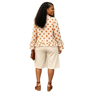Plus size casual two piece set polka dot long sleeve blouse and shorts for women daily wear