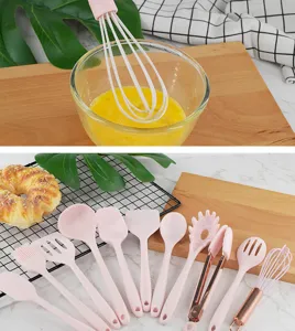 Mini Silikon Kuechenhelfer Set, 12-teilig hitzebestaendige rosafarbene Kochutensilien fuer Backen