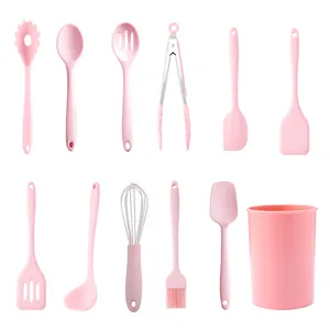 12-teiliges rosa Silikon Küchenhelfer Set mit Hitzebeständigen Spateln und Löffeln.