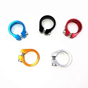 Detailed shot of aluminum alloy bicycle seatpost clamp, single screw design, multi-color.