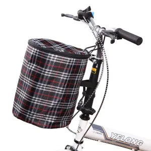 Panier de guidon de vélo en toile imperméable avec couvercle zippé, motif à carreaux classique.