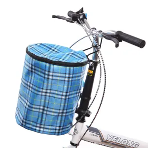 Panier de vélo en tissu à carreaux bleus avec couvercle zippé, panier suspendu pour vélos pliants.
