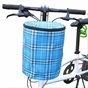 Panier de Guidon de Vélo en Toile Sac de Vélo Avant Pliable avec Couvercle à Fermeture Éclair Pochette de Rangement à Carreaux Accessoires d'Équipement de Cyclisme