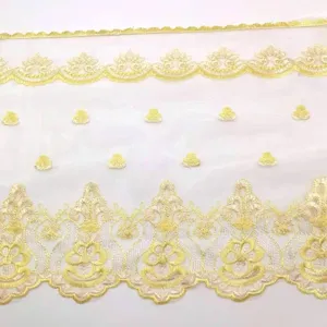 Yellow water-soluble lace trim detail close-up, exquisite embroidery fabric for DIY crafts.