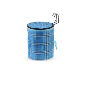 Panier de vélo pliable à carreaux bleus avec couvercle et fixation de guidon avant.