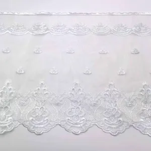 Detailed close-up of white water-soluble lace trim, showing delicate embroidery.