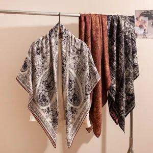 Luxury silk wool large square scarf with vintage paisley print, elegant shawl for women.