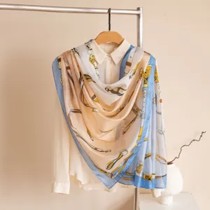 Vintage equestrian print long silk scarf elegant neckerchief spring summer accessory