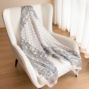 Classic retro paisley print long scarf, lightweight white and black versatile women shawl.
