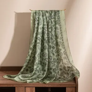 Vintage green paisley printed long scarf, lightweight silk feel women spring summer hijab.