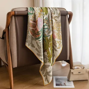 Luxury autumn winter silk wool square scarf, elegant tropical print hand rolled shawl