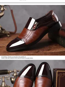 Detailed view of men's British style business formal leather shoes with stylish stitching.