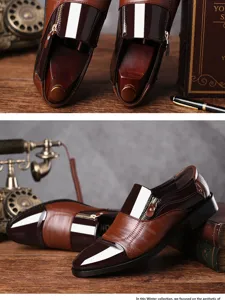 Men's British style formal business leather shoes with stylish side zipper and textured design.