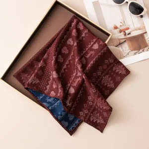 Burgundy wool silk square scarf for women, warm winter neckerchief with classic Nordic jacquard pattern.