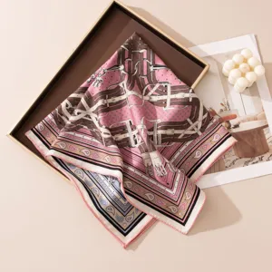 Luxury wool square scarf featuring retro paisley and equestrian belt print, warm stylish shawl.