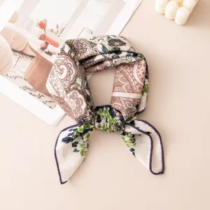 Vintage floral print silk wool square scarf for women, elegant fashion neckerchief accessory.