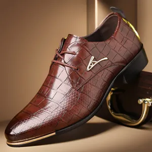 Men's Business Dress Shoes Pointed Toe Crocodile Pattern PU Leather Lace-up Formal Shoes