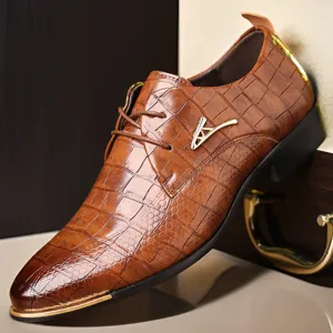 Mens brown crocodile texture pointed toe dress shoes with metal buckle lace up formal footwear
