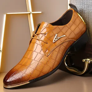 Men's brown crocodile pattern leather dress shoes, stylish pointed toe lace-up formal footwear for business.