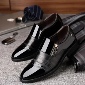 Men's Black Business Casual Dress Shoes Glossy Leather Zipper Flat Office Shoes