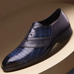 Heren donkerblauwe nette schoenen, stijlvolle krokodillenstructuur veterschoenen.