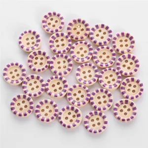 Close-up detail of round wooden buttons with purple striped rims and four sewing holes.