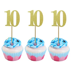 Gold glitter number 10 cupcake toppers for birthday party dessert table decorations