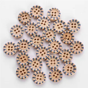Detailed view of round wooden buttons with blue striped rims and four holes for kids clothes.