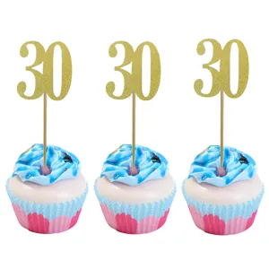 Gold glitter number 30 cake topper detail view, perfect for birthday party decoration supplies.