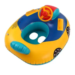 Inflatable baby swim float with steering wheel, cute car design for summer water fun.