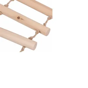 Wooden pet climbing ladder detail showing smooth wooden sticks and sturdy hemp rope connection.