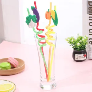 Cartoon vegetable shaped reusable plastic drinking straws with cute charms for party bar.