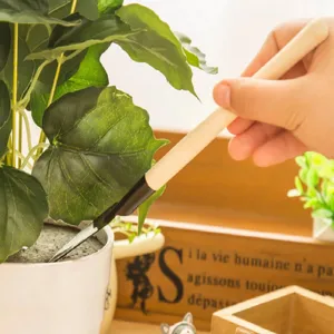 Mini gardening shovel detail shot showing wooden handle and metal head for potted plant care.