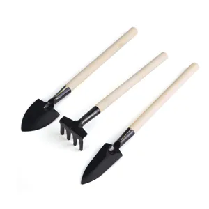 Mini garden tool set with wooden handles and metal heads, perfect for home planting tools.
