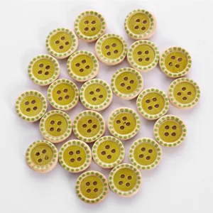 Detailed shot of cute round wooden buttons with green dot rim, perfect for kids sweaters.