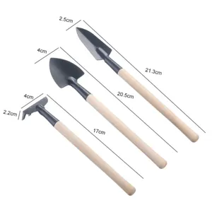 Mini garden tool set detail showing dimensions, wooden handle trowel and rake for planting.