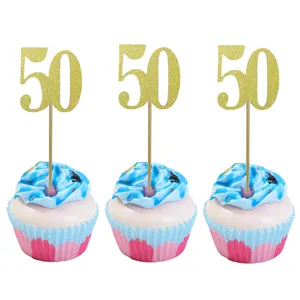 Gold glitter 50 number cupcake toppers set for birthday party cake decoration 10pcs