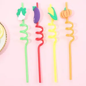 Cartoon vegetable shape reusable plastic drinking straws with cute designs for party drinks.