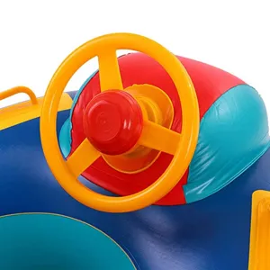 Detailed view of colorful inflatable baby swimming float steering wheel, safe water toy for kids.