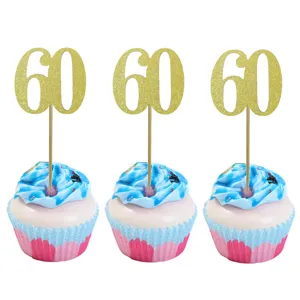 Gold glitter number 60 cake topper cupcake picks for 60th birthday party decorations 10pcs