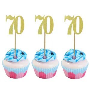 Gold glitter 70 number cupcake toppers for 70th birthday party celebration cake decorations.