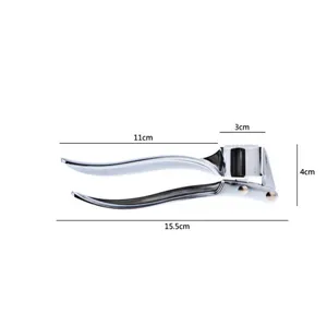 Detailed view of the zinc alloy garlic press showing clear dimension measurements and robust build.