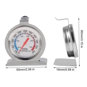 Thermometre de four en acier inoxydable vue detaillee dimensions 65x15x80mm et double cadran.