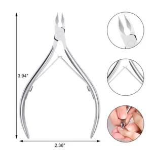 Stainless steel cuticle nipper detail view, dual spring mechanism and precise sharp blade tip.