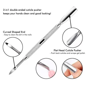 Stainless steel double ended cuticle pusher detail view showing curved and flat head tips.