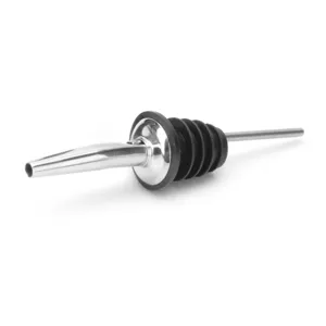 Stainless steel wine pourer detail showing the sleek spout and multi-tier rubber stopper.
