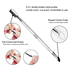 Detailed view of the double ended stainless steel cuticle pusher and trimmer tool features.