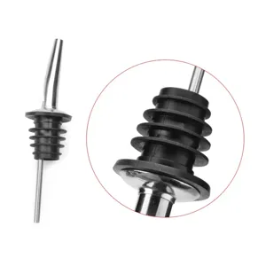Stainless steel wine pourer detail showing rubber seal rings and metal spout tube.