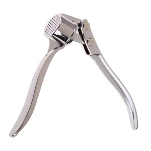 Stainless steel garlic press detail view, heavy duty kitchen tool with comfortable handle.